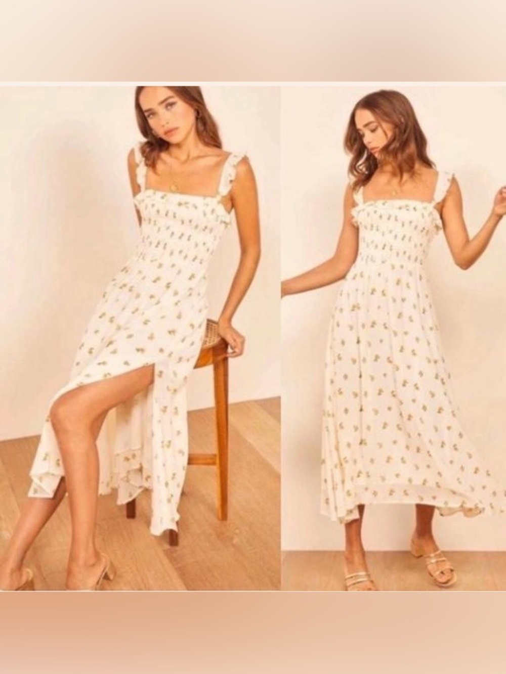 Reformation XS Siesta smocked sleeveless crepe floral slit hem midi dress - Picture 2 of 8